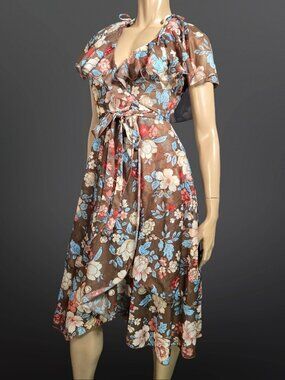 Vintage 70s Floral Wrap Dress size S Ruffled Brown Blue Pink Feminine Romantic